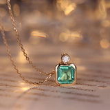 925 Silver Necklace Emerald Diamond Square Pendant Ladies Chain Jewelry