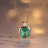 925 Silver Necklace Emerald Diamond Square Pendant Ladies Chain Jewelry