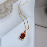 925 Silver Necklace Zircon Red Diamond Baguette Pendant Ladies Chain
