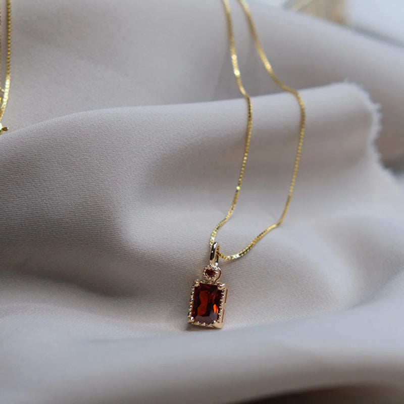 925 Silver Necklace Zircon Red Diamond Baguette Pendant Ladies Chain