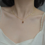 925 Silver Necklace Zircon Red Diamond Baguette Pendant Ladies Chain