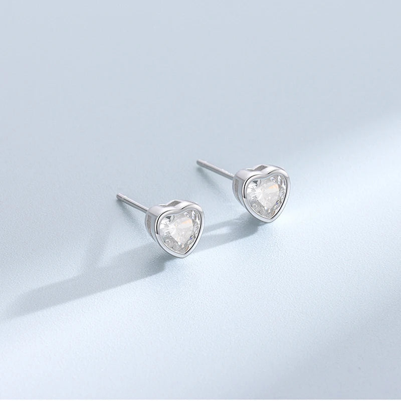 925 Silver Heart Diamond Stud Earrings Men's Women's Jewelry
