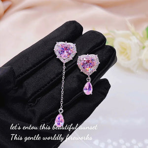 Heart Earrings Pink Zircon Asymmetrical Female Wedding Girl Gift