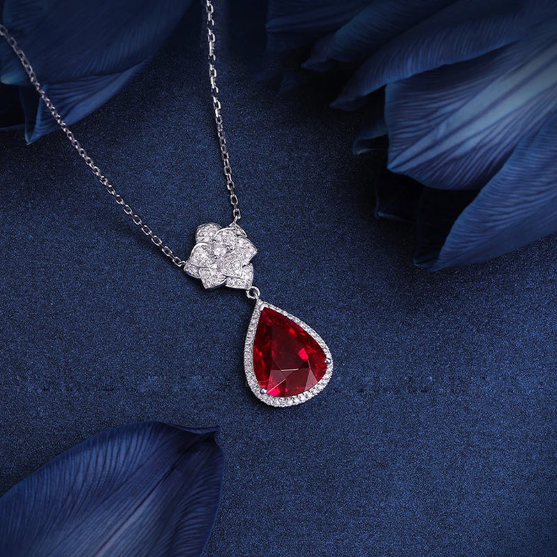 Water Drop Rose Necklace Simulated Ruby Zircon Female Brilliant Jewelry