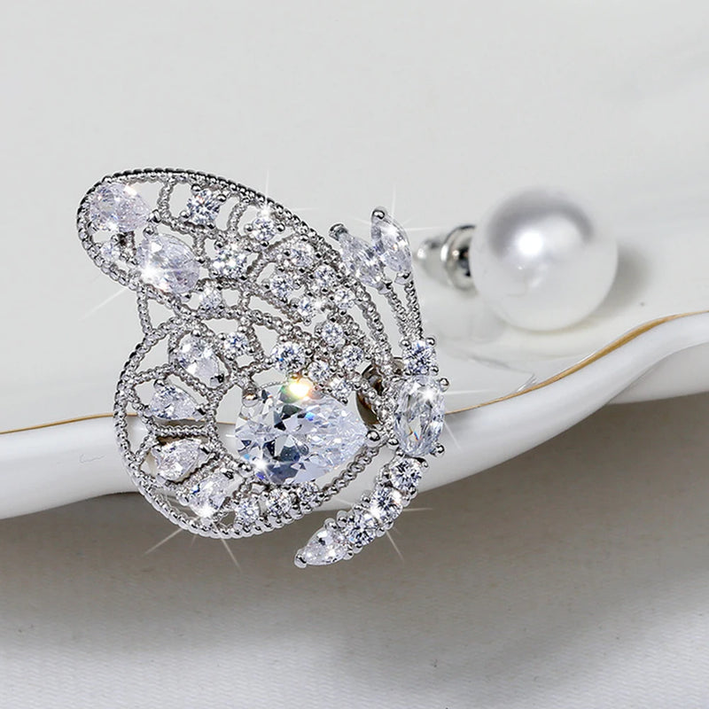 Asymmetric Butterfly Pearl Earrings Bright Zircon Girl's Gift