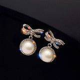 Bow Pearl Earrings Brilliant Zircon Girl's Gift Party