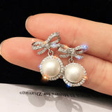 Bow Pearl Earrings Brilliant Zircon Girl's Gift Party