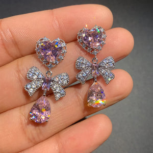 Heart Bow Earrings Female Jewelry Zircon Girl's Gift Party