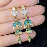 Green Leaf Earrings with Zircon, Girl's Party Jewelry