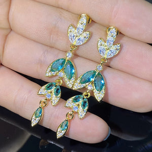 Green Leaf Earrings with Zircon, Girl's Party Jewelry