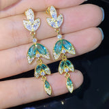 Green Leaf Earrings with Zircon, Girl's Party Jewelry