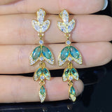 Green Leaf Earrings with Zircon, Girl's Party Jewelry