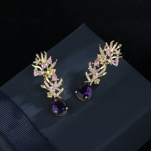 Purple Flowers Drops Earrings Zircon Jewelry Girl's Gift