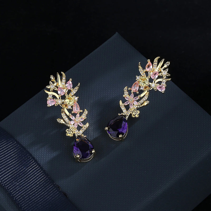 Purple Flowers Drops Earrings Zircon Jewelry Girl's Gift