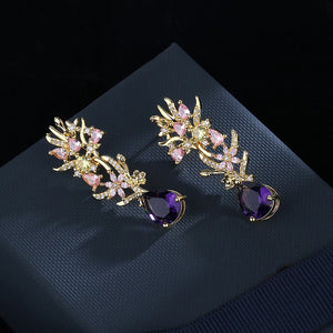 Purple Flowers Drops Earrings Zircon Jewelry Girl's Gift