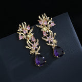 Purple Flowers Drops Earrings Zircon Jewelry Girl's Gift