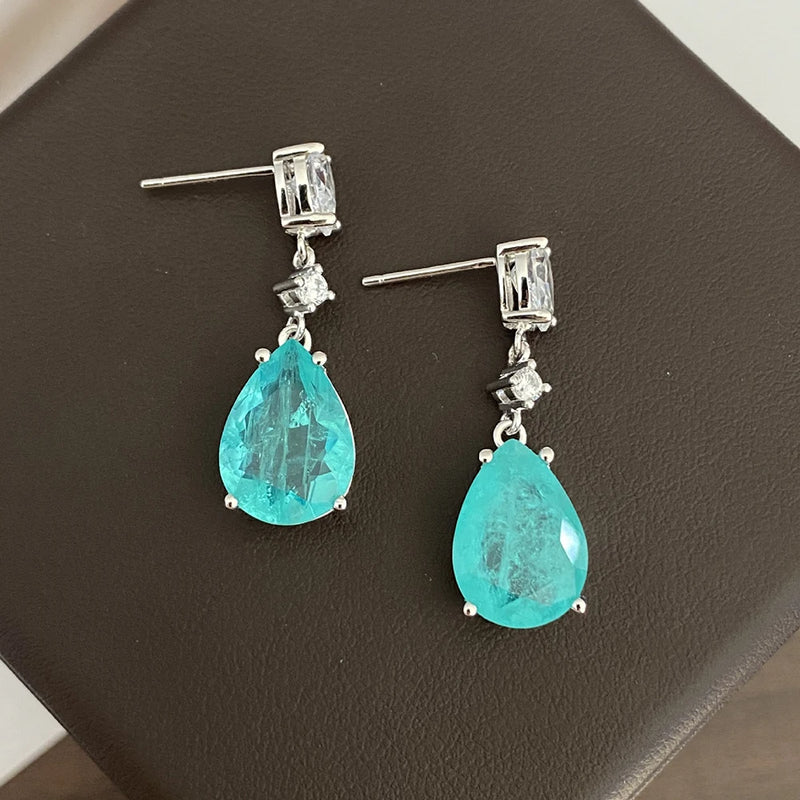 Paraiba Drops Earrings Bright Zircon Girl's Party Jewelry