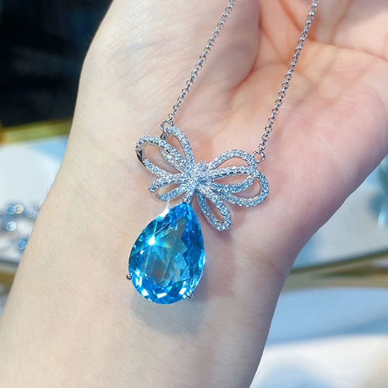 Water Drop Bow Necklace Bright Zircon Female Jewelry
