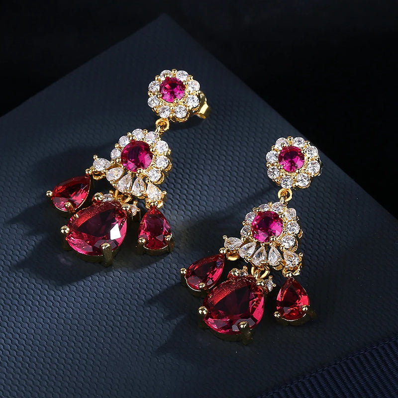 Ruby Water Drops Earrings Zircon Jewelry Gift