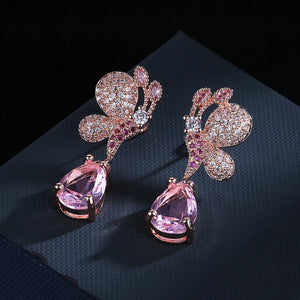 Pink Butterfly Earrings Bright Zircon Girl's Gift Party