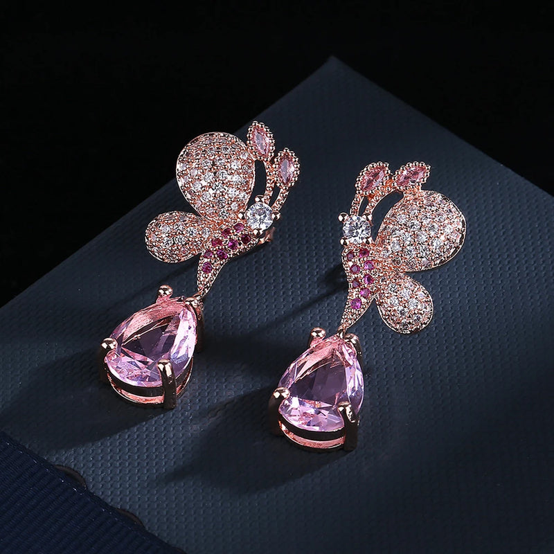 Pink Butterfly Earrings Bright Zircon Girl's Gift Party