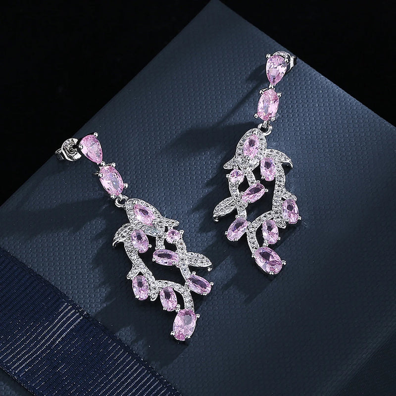 Pink Leaf Earrings Female Jewelry Zircon Girl's Gift