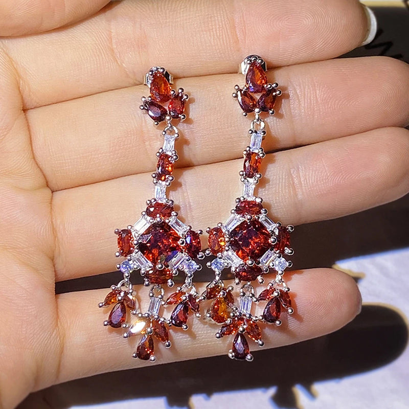 Women's Tassel Red Crystal Earrings Zircon Jewelry Girl's Gift