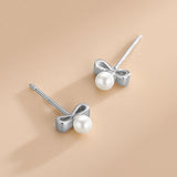 925 Sterling Silver Bowknot Pearl Stud Earrings Women