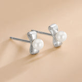 925 Sterling Silver Bowknot Pearl Stud Earrings Women
