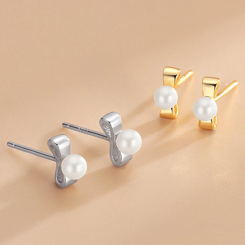 925 Sterling Silver Bowknot Pearl Stud Earrings Women