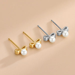 925 Sterling Silver Bowknot Pearl Stud Earrings Women