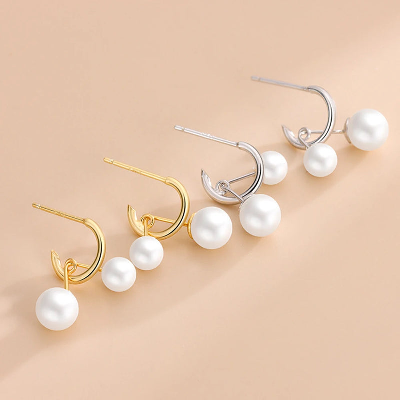 S925 Silver C Shape Pearl Stud Earrings Women