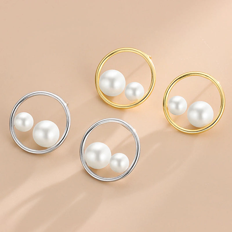 S925 Sterling Silver Circle Pearl Stud Earrings
