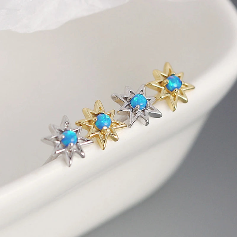 S925 Opal Stud Earrings Octagonal Star Silver Jewelry