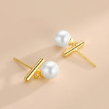S925 Silver T Shape Pearl Stud Earrings Women K Plated Jewelry