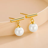 S925 Silver T Shape Pearl Stud Earrings Women K Plated Jewelry
