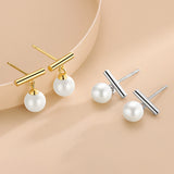 S925 Silver T Shape Pearl Stud Earrings Women K Plated Jewelry