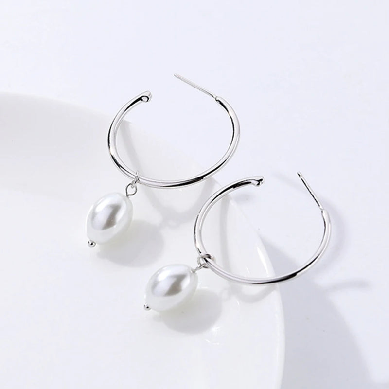 S925 Sterling Silver C-shaped Pearl Earrings Women Retro Jewelry