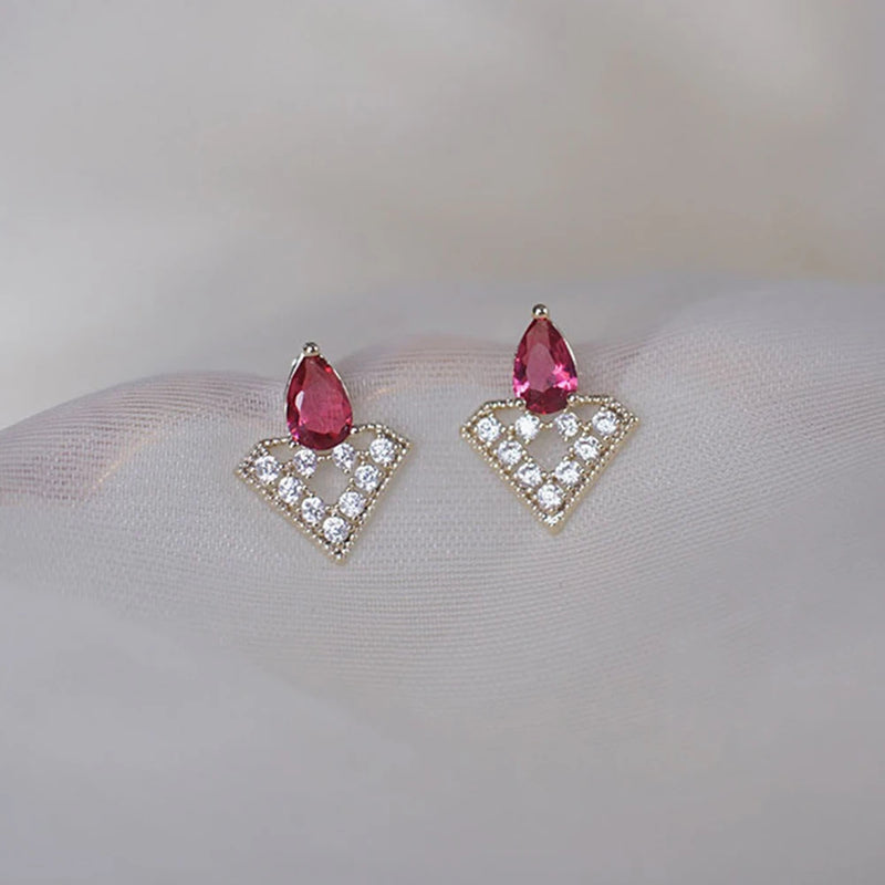S925 Sterling Silver Cutout Red Diamond Earrings Sparkling Jewelry