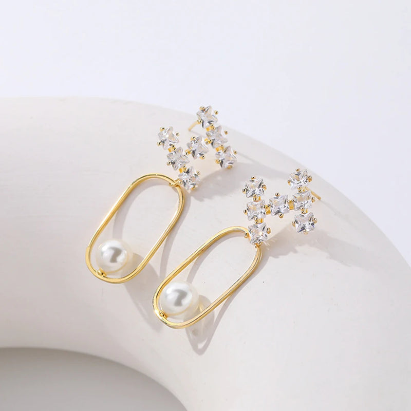 S925 Silver Geometric Pearl Zircon Earrings for Women
