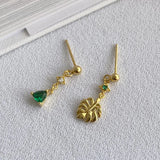 S925 Silver Leaf Earrings Asymmetrical Zircon Jewelry Girls Gift