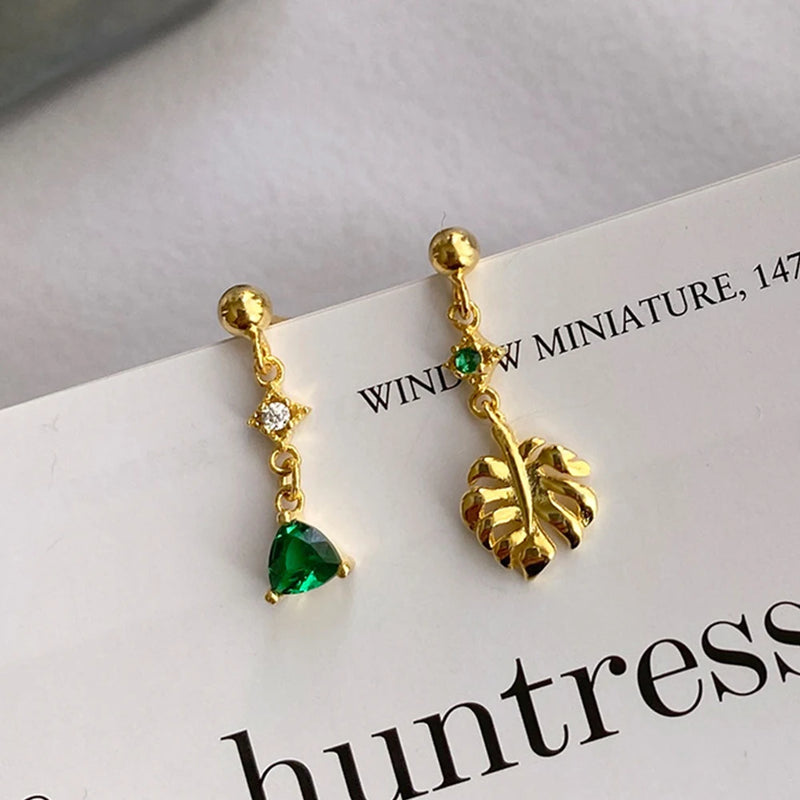 S925 Silver Leaf Earrings Asymmetrical Zircon Jewelry Girls Gift