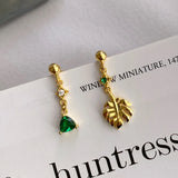 S925 Silver Leaf Earrings Asymmetrical Zircon Jewelry Girls Gift