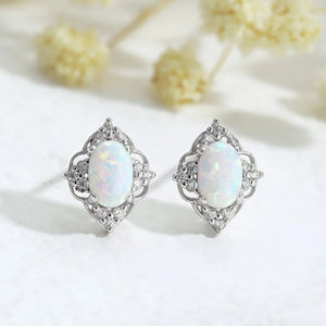 S925 Sterling Silver Oval Opal Earrings with Zircon - Women's Jewelry