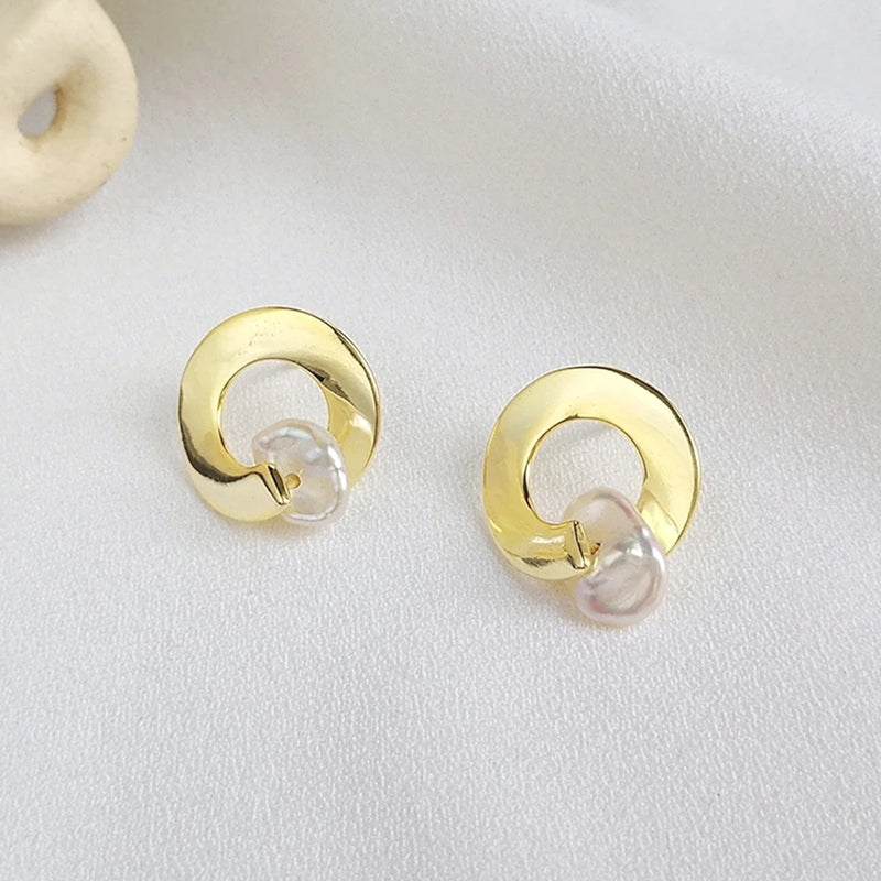 S925 Sterling Silver Pearl Earrings Circle Geometry Jewelry