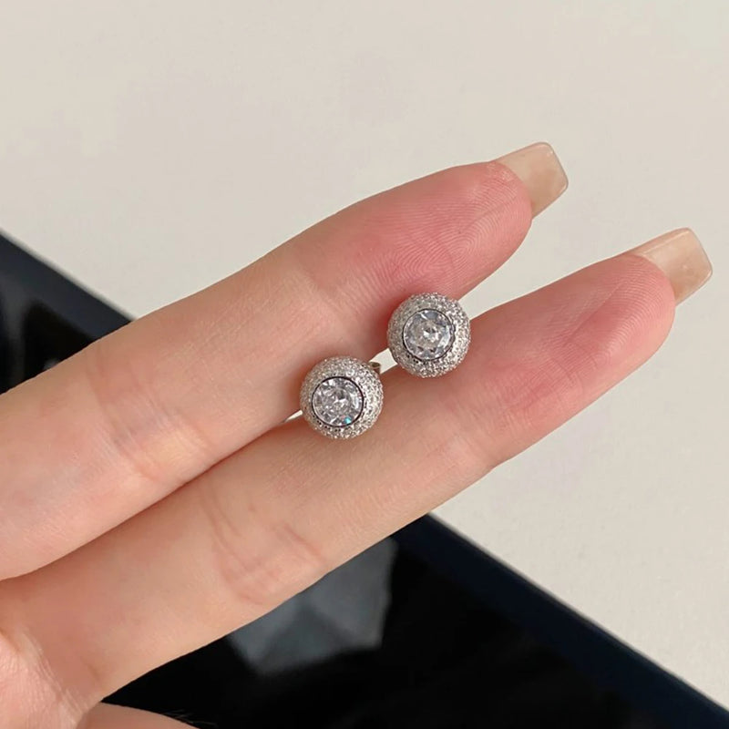 S925 Silver Ball Earrings Hip Hop Zircon Girl's Gift