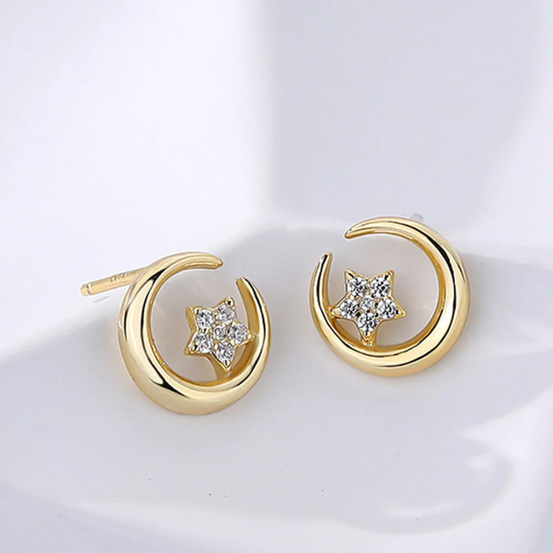 S925 Sterling Silver Star Moon Circle Zircon Earrings for Women Girls