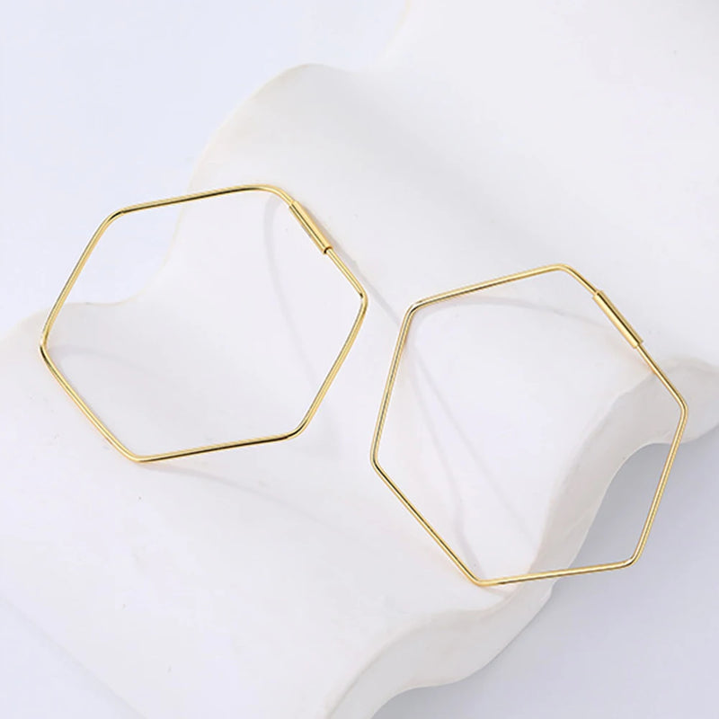 S925 Silver Geometric Hexagon Earrings for Women, Big Female Jewelry