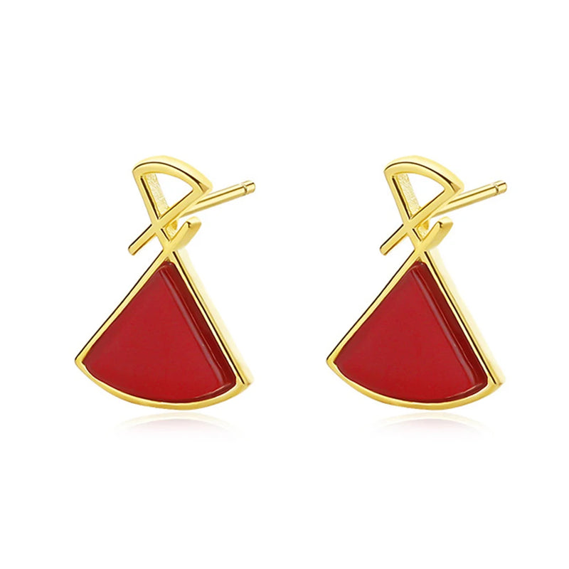 S925 Sterling Silver Red Fan Earrings Retro Jewelry