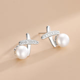 Cross Pearl Stud Earrings Silver Women's Jewelry